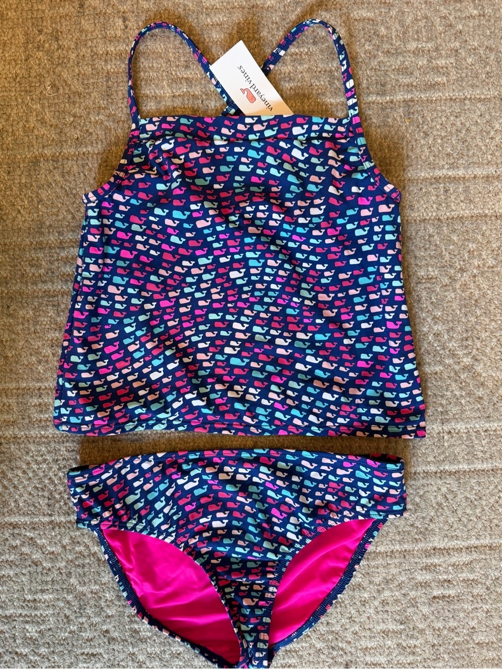 NWT Vineyard Vines Girls Pink & Navy Whale-Print Tankini size large 14